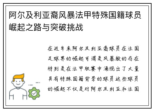 阿尔及利亚裔风暴法甲特殊国籍球员崛起之路与突破挑战